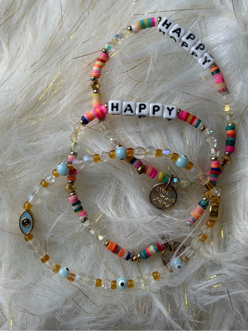 Little Words Project Happy Multicolor Beaded Stretch Bracelet Set and Necklace.